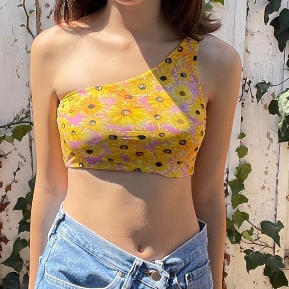 ZARA Floral Sunflower Print stretchy one shoulder crop top size Small - Picture 1 of 15